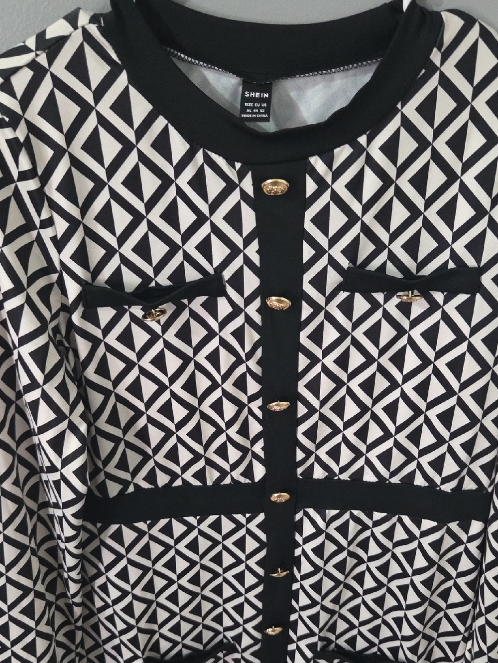 SHEIN Black & White Geometric Gold-Button Cardigan